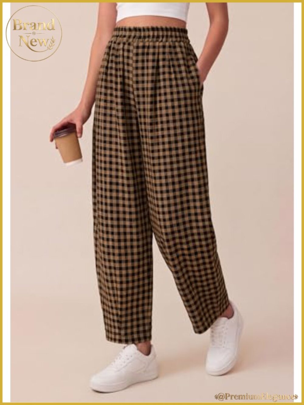 Plaid Barrel Pants Women Wide Leg Elastic Waist Casual - Picture 2 of 6